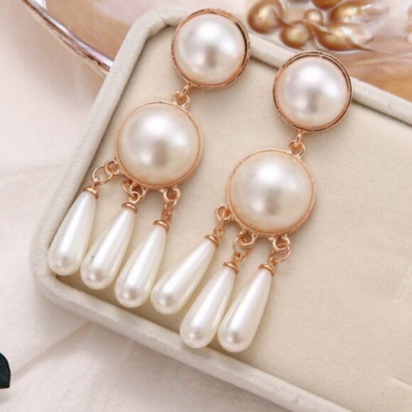 Boho Big Pearl drop Tassel Earrings gypsy - Picture 2 of 8